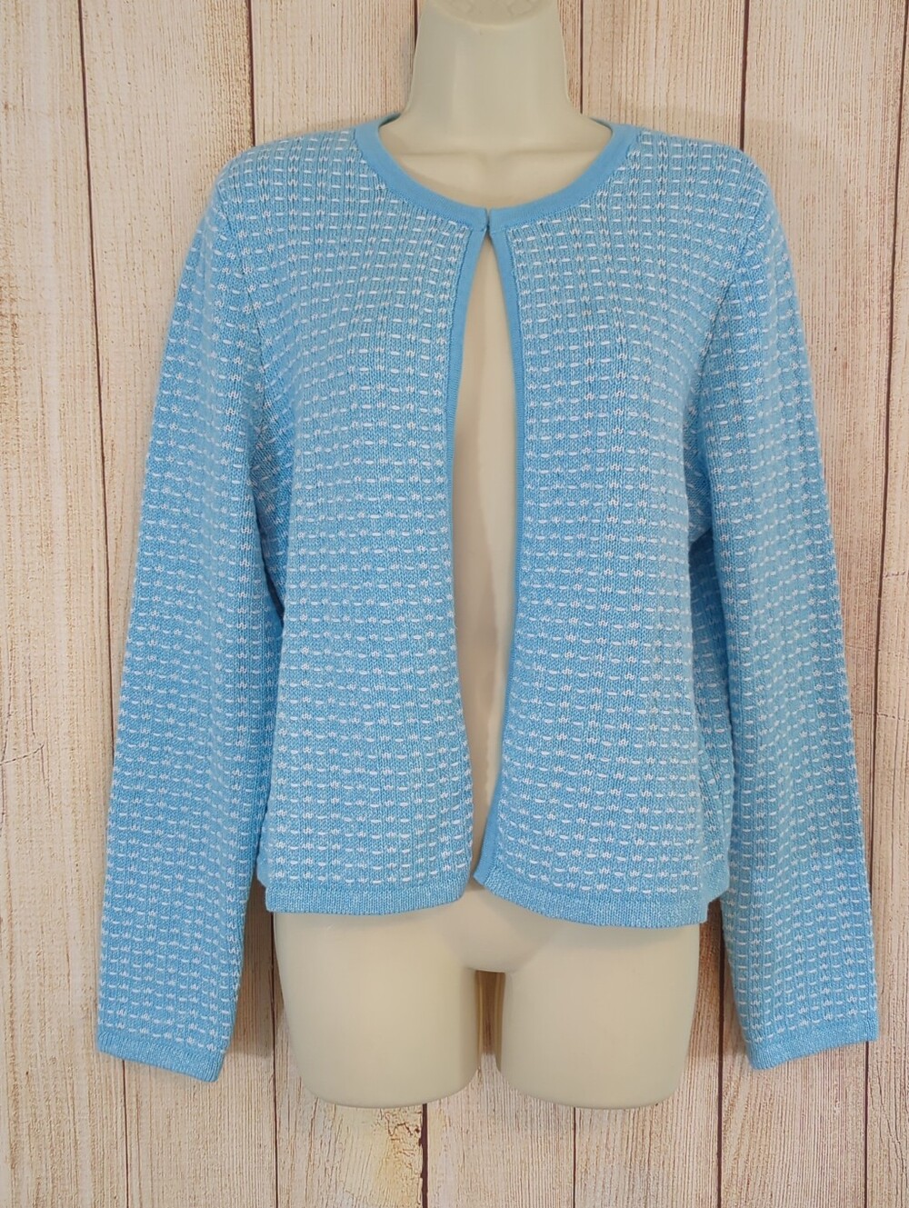 Talbots Sky Blue & White Textured Knit Open Cardigan Large NWT